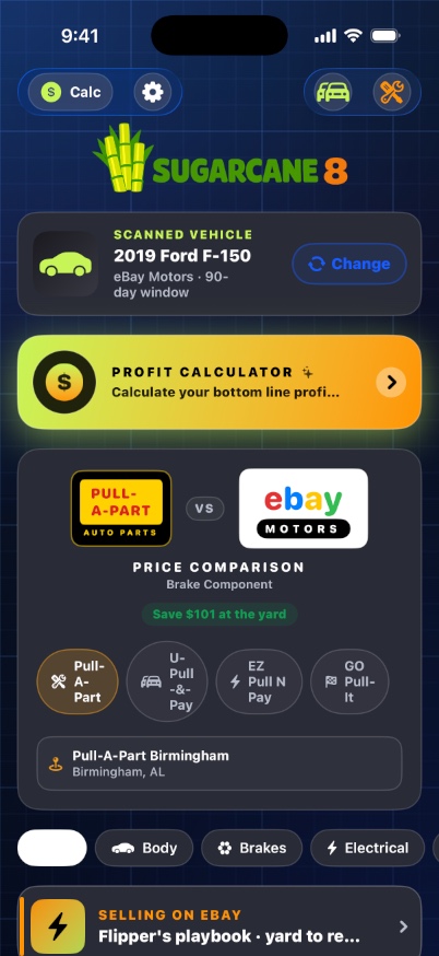 Sugarcane 8 home screen showing live part values