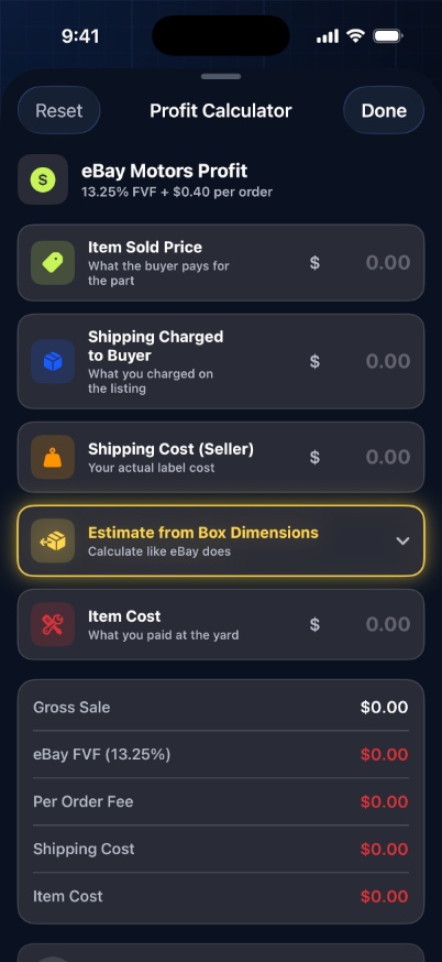 Profit calculator screen